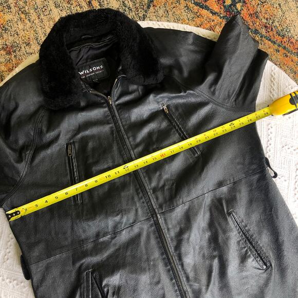 Vintage Womens Wilson Black Leather Coat Removable Faux Fur Collar XL Mid Length - Picture 13 of 13